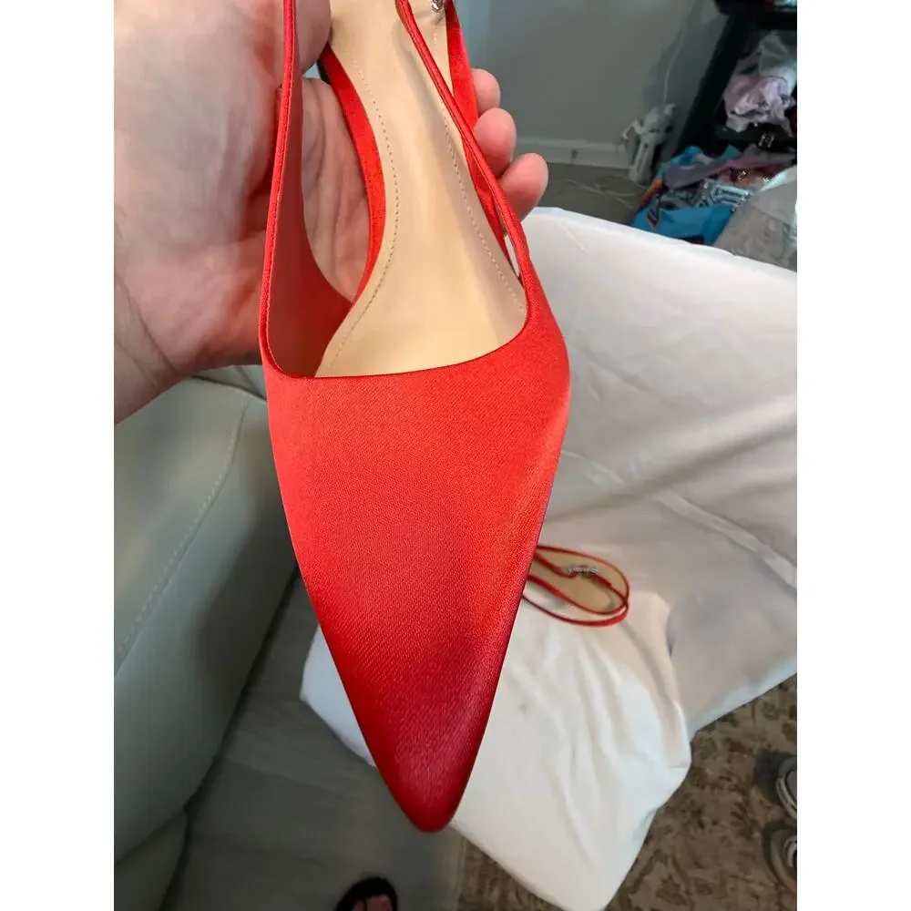 Saks Fifth Avenue Red Satin Crystal Buckle Slingback Pumps Heels Size 40